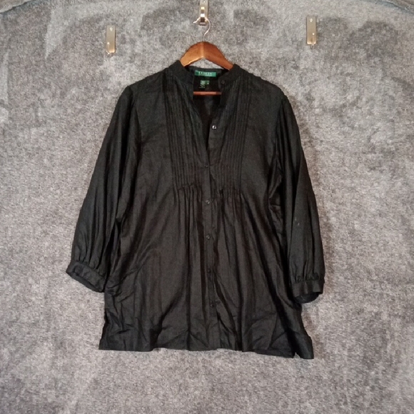 Lauren Ralph Lauren Black Button-Front Linen Pintuck Blouse Peasant Sz XL - Picture 3 of 9